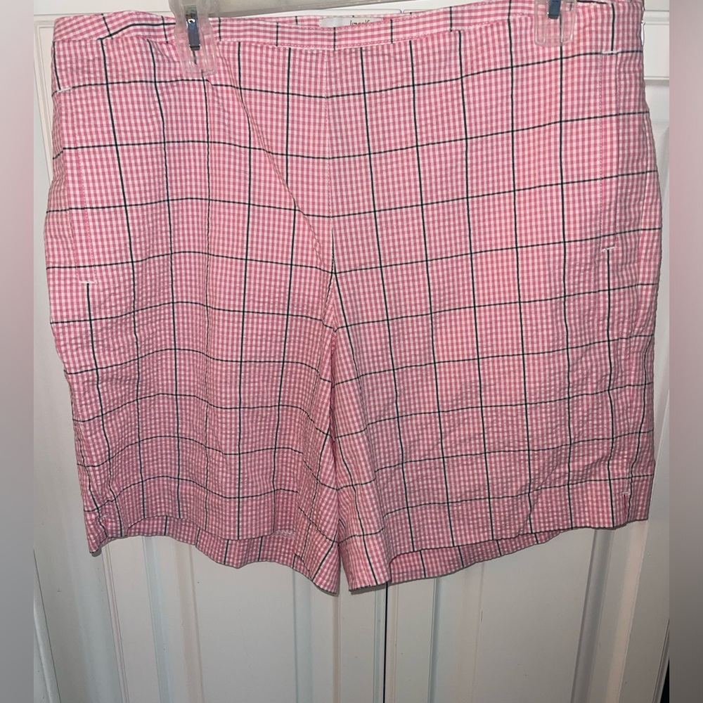 Lizgolf‎ Seersucker Pink white  Navy Plaid Shorts Womens 14 Stretch